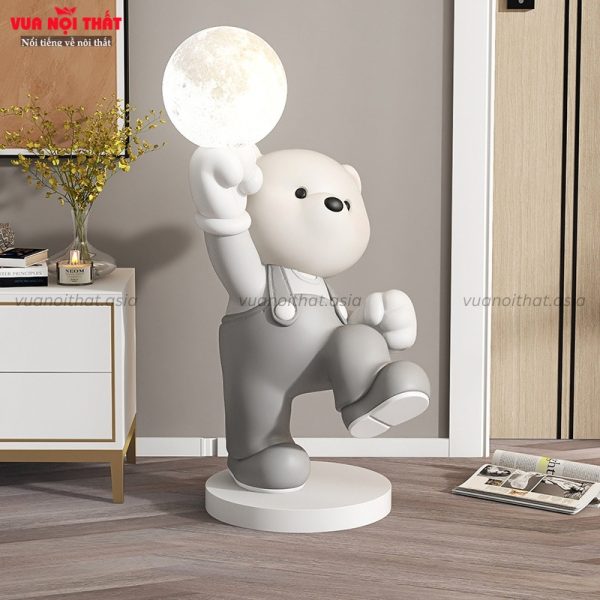 Tượng gấu Happy decor sàn TTT91 nâng đèn màu xám