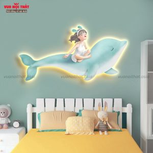 Tranh đèn LED tráng gương cá heo và bé gái TT46 đẹp