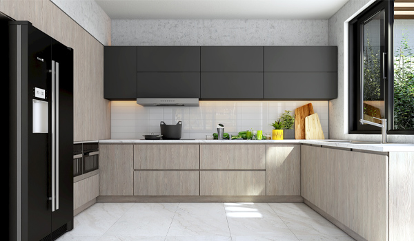 Hệ tủ bếp được làm từ ván gỗ laminate mang đến vẻ đẹp hiện đại cho không gian bếp