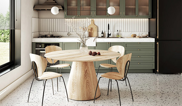 Bàn ghế ăn với kiểu dáng hình tròn, giúp tối ưu hóa không gian phòng bếp