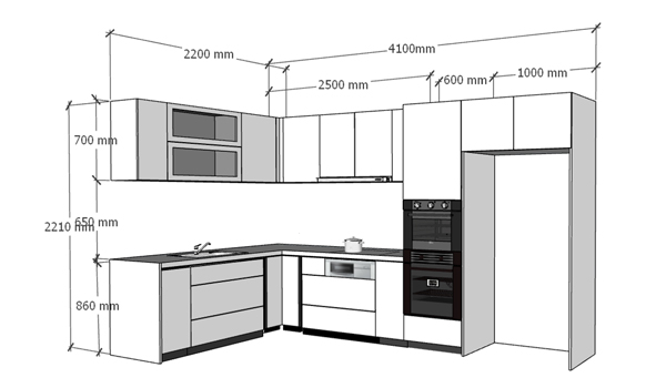 Kích thước tủ bếp chữ L tiêu chuẩn