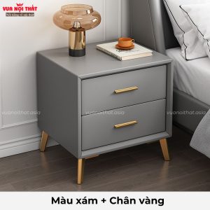 Tủ đầu giường bọc da màu xám chân vàng