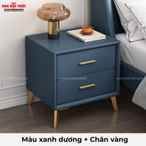 Tủ đầu giường bọc da màu xanh dương chân vàng