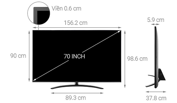 Kích thước tivi được xác định bằng đường chéo của màn hình, tính bằng inch