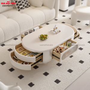 Bàn sofa hình bầu dục nhập khẩu màu trắng kem sang trọng BSF97