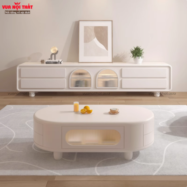 Bàn sofa gỗ màu trắng kem BSF97 với thiết kế bo cong mềm mại