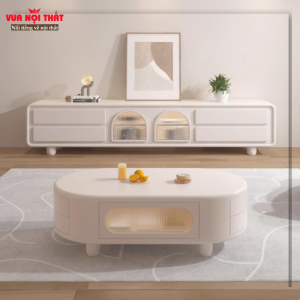 Bàn sofa hình bầu dục màu trắng kem BSF97