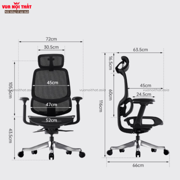 Kích thước của ghế công thái học văn phòng cao cấp GVP02