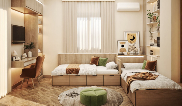 Giường đơn nhỏ gọn, không chiếm nhiều không gian, thích hợp với phòng ngủ dưới 10m²