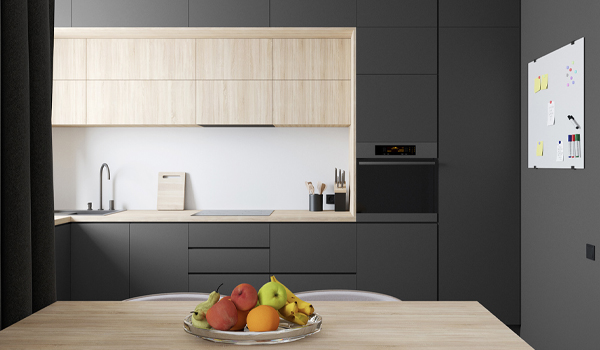 Tủ bếp ghi xám kết hợp gỗ mang đến vẻ đẹp hài hoà cho không gian