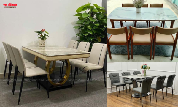 Bộ bàn ăn 6 ghế phân loại theo chất liệu gỗ tự nhiên, chân sắt, gỗ kết hợp mặt đá