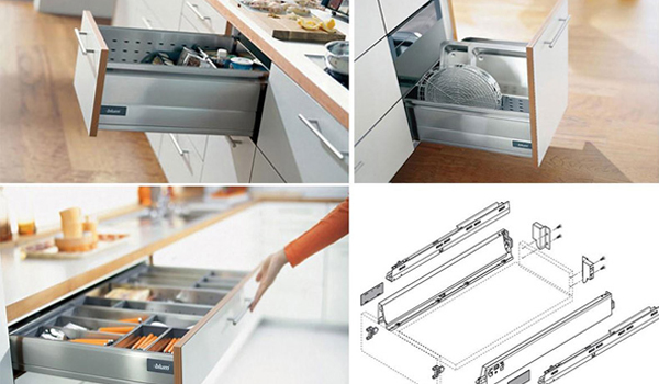 Hệ ray trượt, bản lề giảm chấn thông minh giúp đóng/mở tủ nhẹ nhàng, không gây tiếng ồn