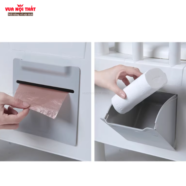 Thiết kế ghế có khe chứa nilon và khay đựng giấy vệ sinh