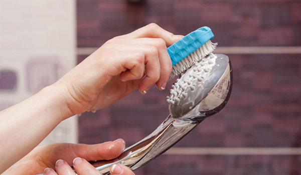 Vệ sinh vòi sen bằng cách dùng bàn chải chà sạch để loại bỏ cặn bẩn tích tụ