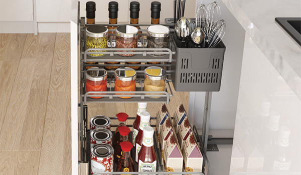 Kệ gia vị âm tủ bếp thường lắp âm trong tủ bếp dưới hoặc tủ bếp trên