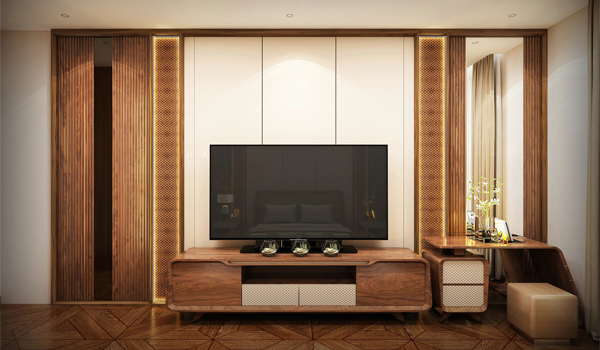 Kệ tivi được đặt đúng vị trí giúp cân bằng bố cục cho tổng thể không gian