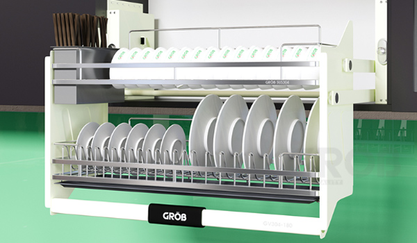 Giá bát nâng hạ dễ dàng kéo xuống khi cần lấy/cất bát đĩa