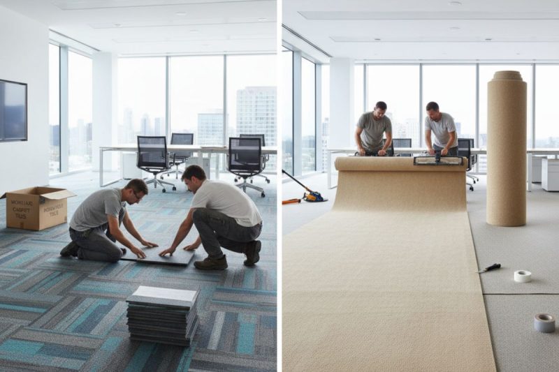 So sánh thảm cuộn và thảm tấm trải sàn văn phòng 