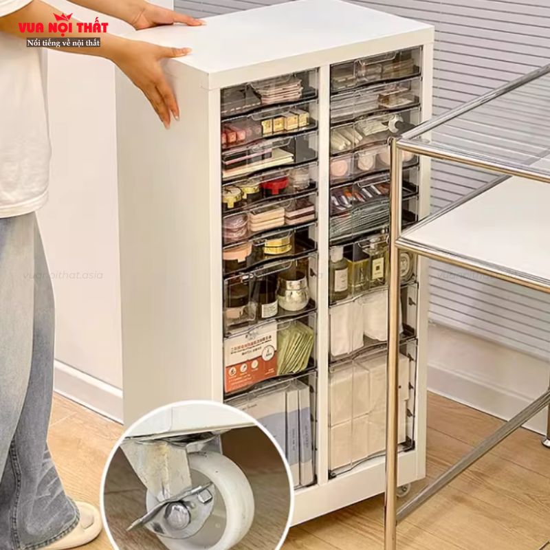 Tủ đựng mỹ phẩm TK17 chia nhiều ngăn, giúp người dùng phân loại đồ dùng, mỹ phẩm