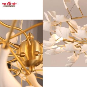 Đèn chùm thả lá bạch dương DTT85 được chế tác từ đồng kết hợp gốm sứ cao cấp