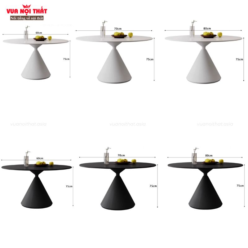 Bàn sofa tròn chân đồng hồ cát BSF115 có dạng kích thước 60cm, 70cm, 80cm