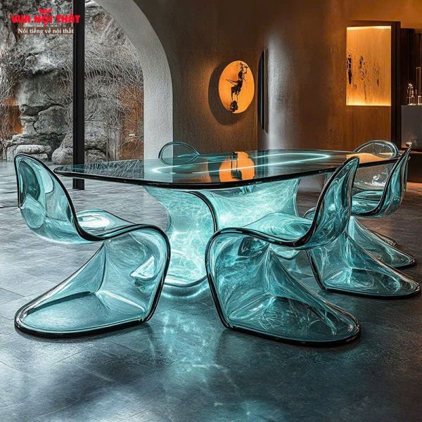Bàn ăn nhựa trong suốt xuyên sáng tạo hiệu ứng ánh sáng đẹp mắt