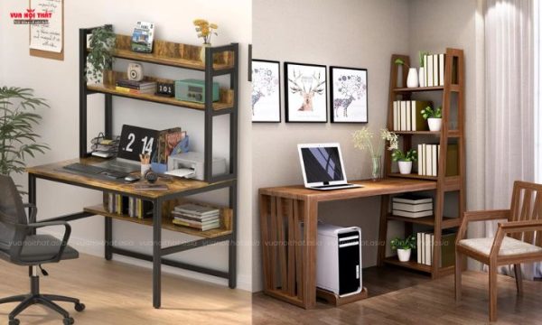 Bàn làm việc kết hợp kệ đựng đồ nhỏ gọn, giúp tiết kiệm diện tích