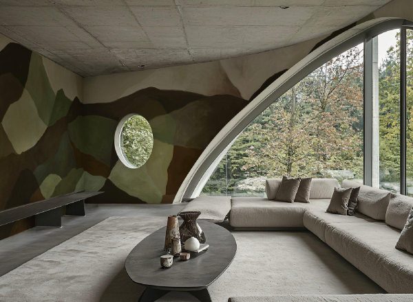 sofa da, bàn gỗ thô