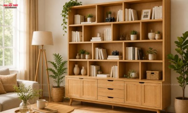 Kệ sách gỗ tự nhiên được làm từ gỗ óc chó, gỗ cao su, gỗ sồi,.... bền đẹp