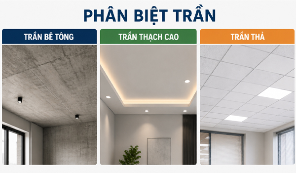 Phân biệt trần bê tông - trần thạch cao - trần thả