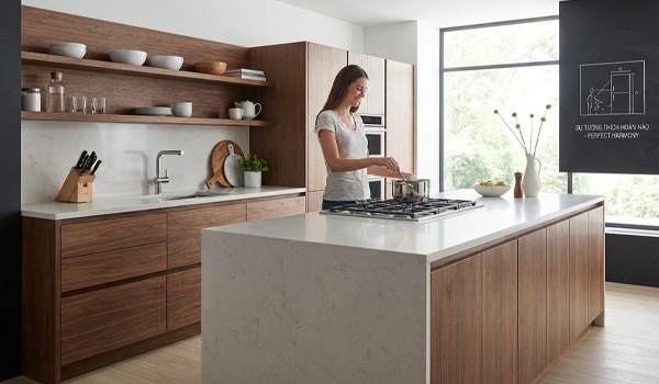 Đồng bộ phong cách thiết kế bàn đảo với tổng thể không gian