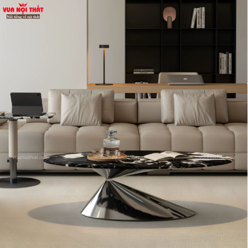 Bàn sofa bầu dục với các góc bàn bo tròn mềm mại hạn chế va đập