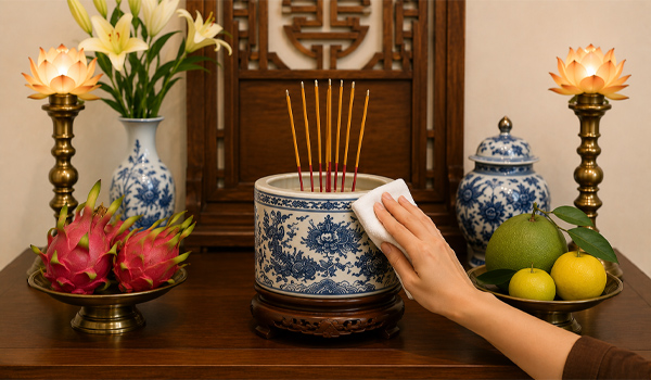 Thường xuyên lau dọn bàn thờ & vệ sinh bát hương để giữ không gian thờ cúng sạch sẽ