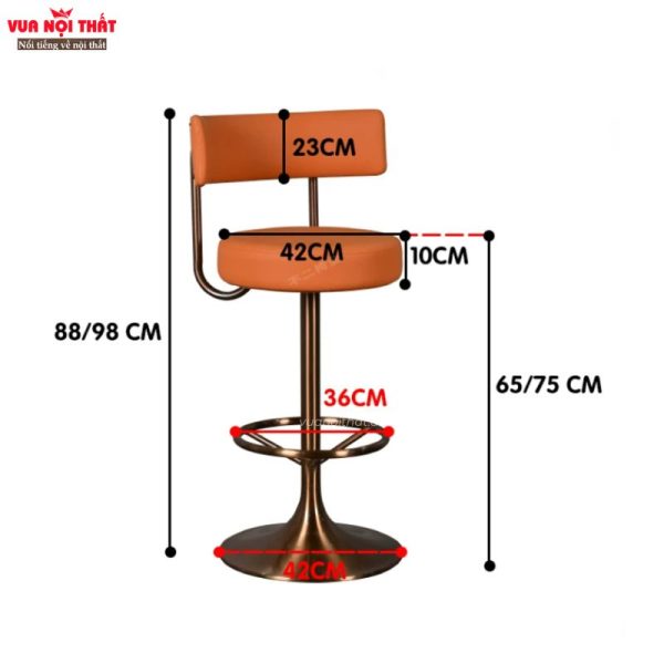 Kích thước của ghế bar chân inox bọc da hiện đại GA21