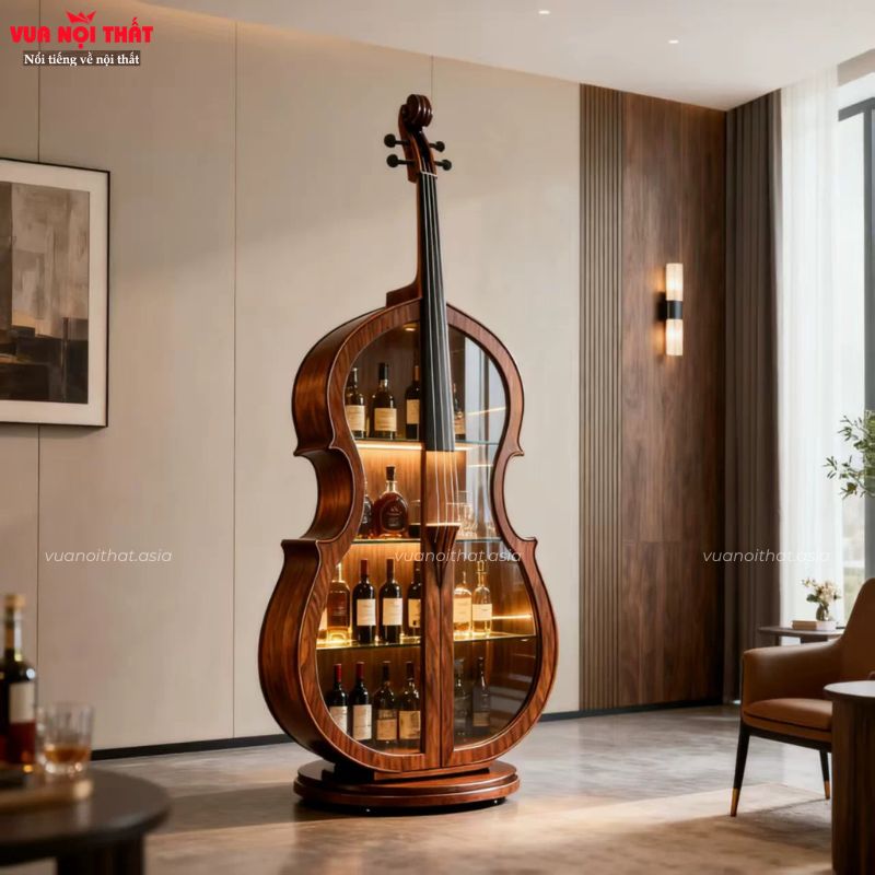 Tủ đựng rượu hình cây đàn cello gỗ tự nhiên cao cấp TR06 độc đáo