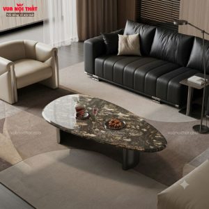 Bàn sofa mặt đá với bề mặt sáng bóng, vân đá tự nhiên, sắc nét