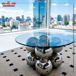 Bàn sofa tròn mặt kính chân inox BSF124