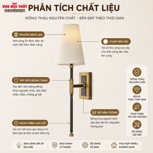 Đèn tường đồng với phần khung làm từ đồng thau sang trọng, chắc chắn