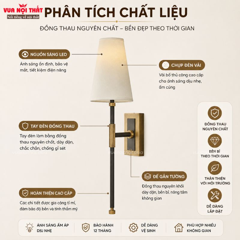 Đèn tường đồng với phần khung làm từ đồng thau sang trọng, chắc chắn