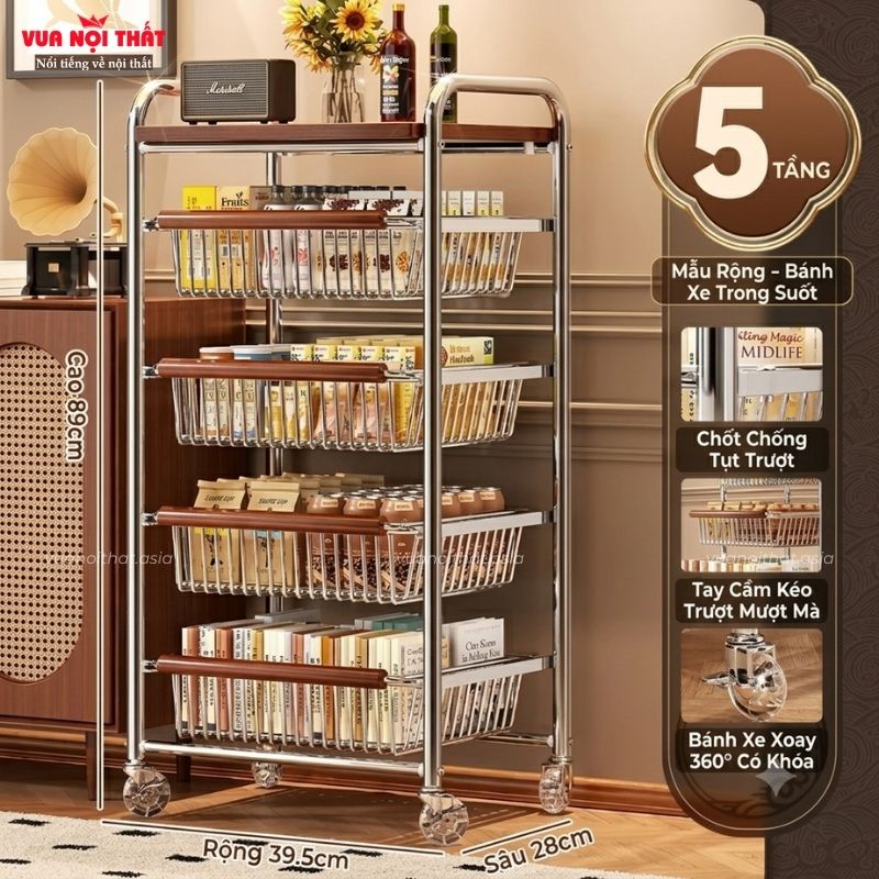Kệ xe đẩy đa năng PKB22 được làm từ sắt mạ kết hợp ván gỗ chắc chắn