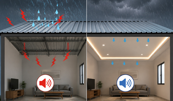 Trần thạch cao giúp giảm tiếng ồn khi trời mưa