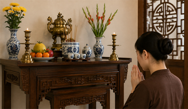 Thực hiện nghi thức xin phép trước khi thay bàn thờ