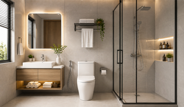 Nhà vệ sinh tập trung nhiều thiết bị sử dụng nước như vòi sen, lavabo, vòi xịt,...