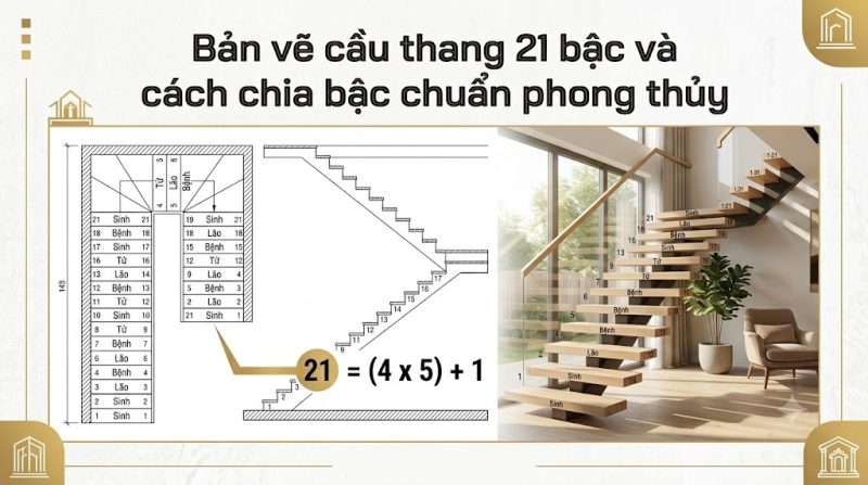 Bản vẽ cầu thang 21 bậc và cách chia bậc chuẩn phong thủy