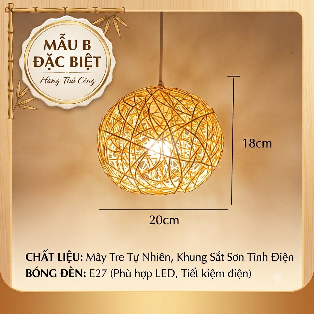 Đèn thả trần mây tre tự nhiên DTT110 có kích thước