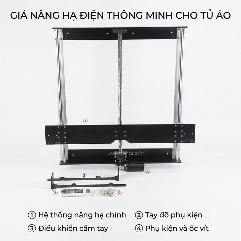 Giá nâng hạ điện cho tủ quần áo cao cấp PKNT05 được cung cấp đầy đủ phụ kiện ốc vít