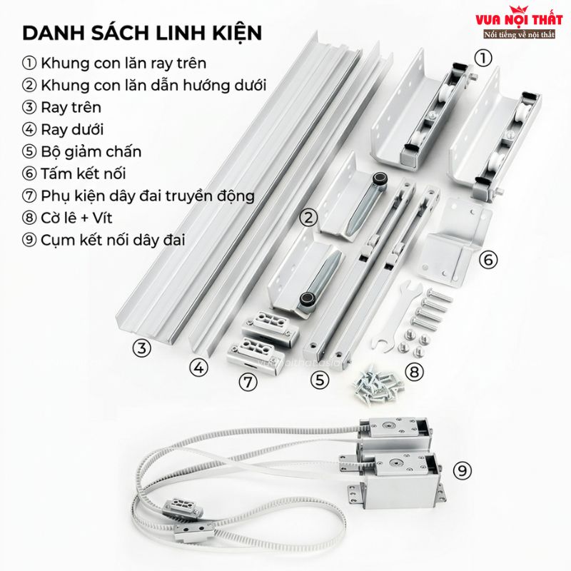 Cấu tạo chi tiết các bộ phận của ray trượt cửa lùa êm ái PKNT02