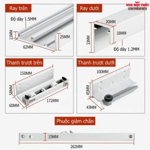Kích thước chi tiết từng bộ phận của phụ kiện ray trượt cửa PKNT02