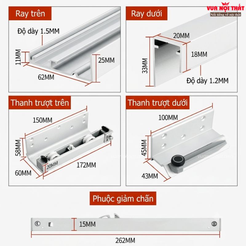 Kích thước chi tiết từng bộ phận của phụ kiện ray trượt cửa PKNT02