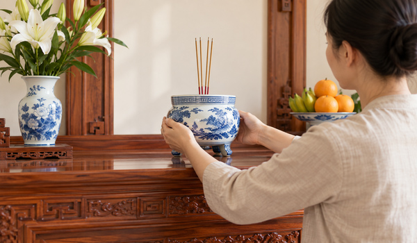 Bát hương được đặt lên bàn thờ tại vị trí đã chuẩn bị